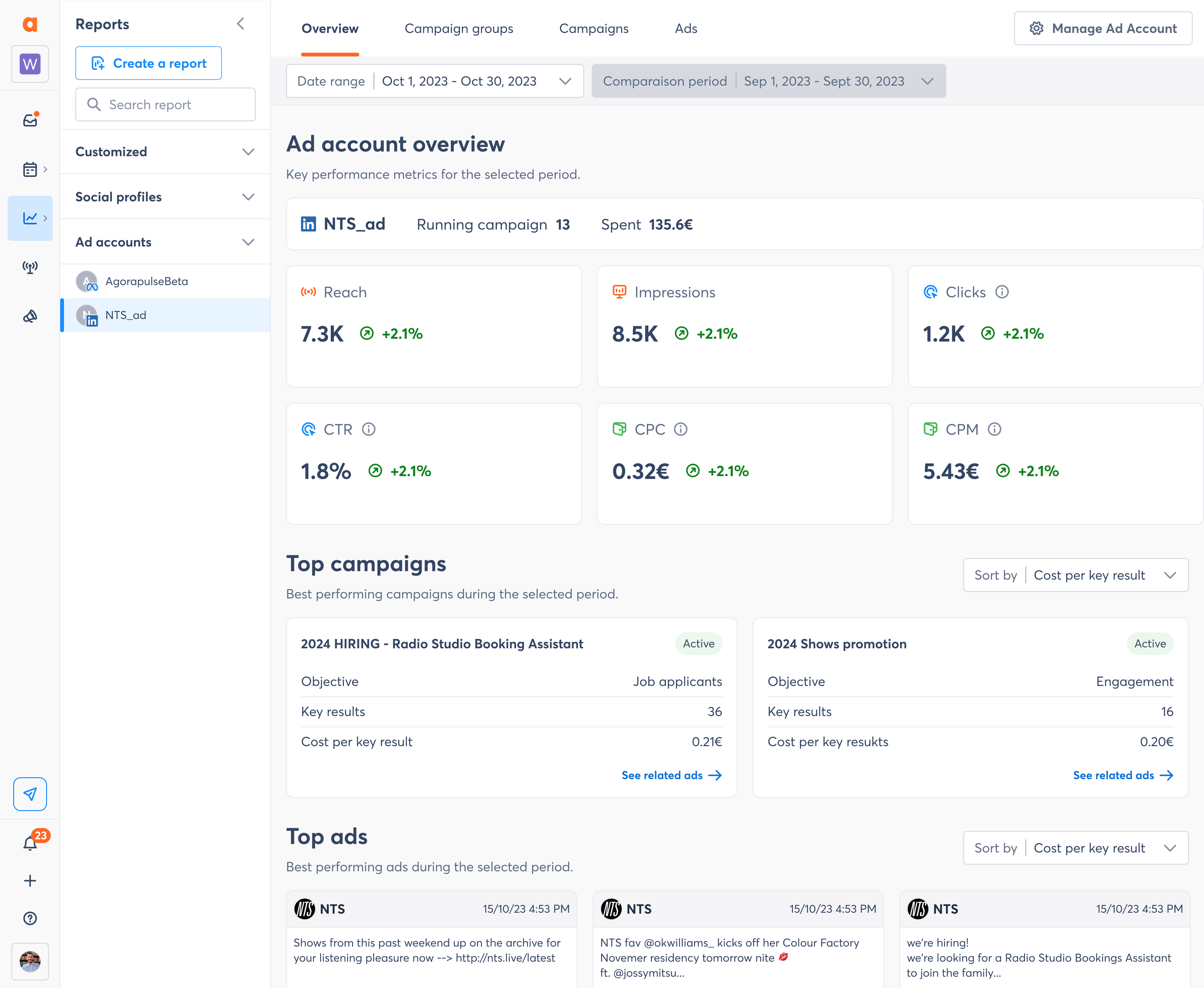 LinkedIn performance dashboard in Agorapulse showing unified analytics for paid and organic content with filters and shareable insights. LinkedIn performance dashboard in Agorapulse showing unified analytics for paid and organic content with filters and shareable insights.